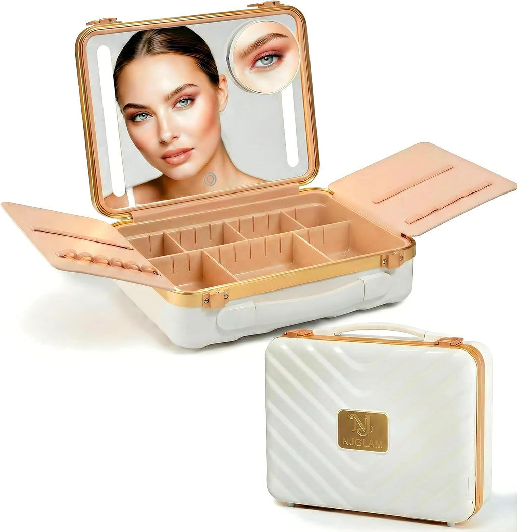 Lighted Makeup Case with Mirror + 10x Mini Mirror - Portable, 3 LED Modes, Adjustable Dividers I Travel Makeup Train