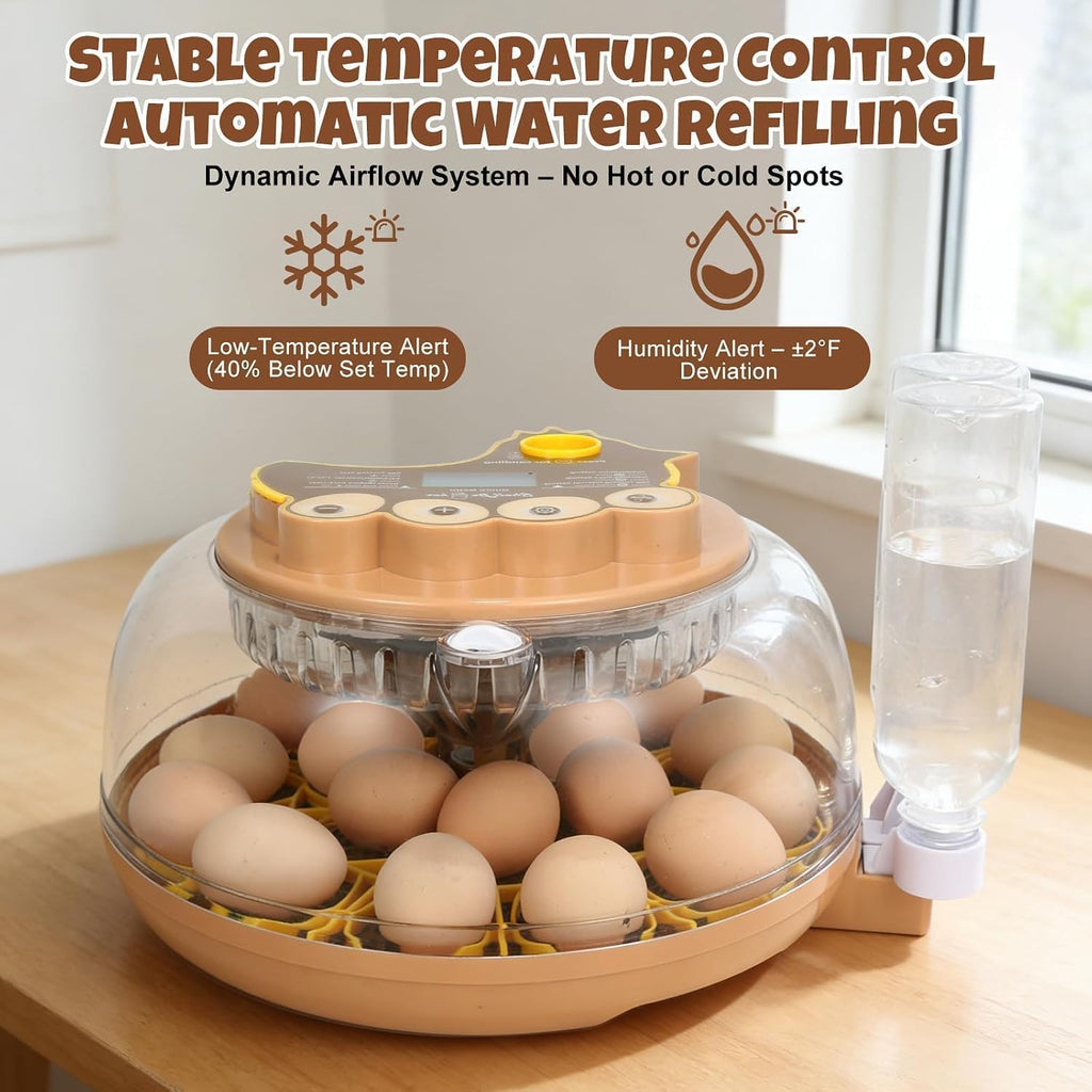 Series III-18 Egg Automatic Incubator with Smart Dual-Bottle Adaptive Humidity & Stable Temp Control, Adjustable Auto