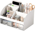 Desk Organizer with 6 Compartments and 2 Drawers, Plastic Makeup Organizer, Pen Holder for Desktop Storage, Desk