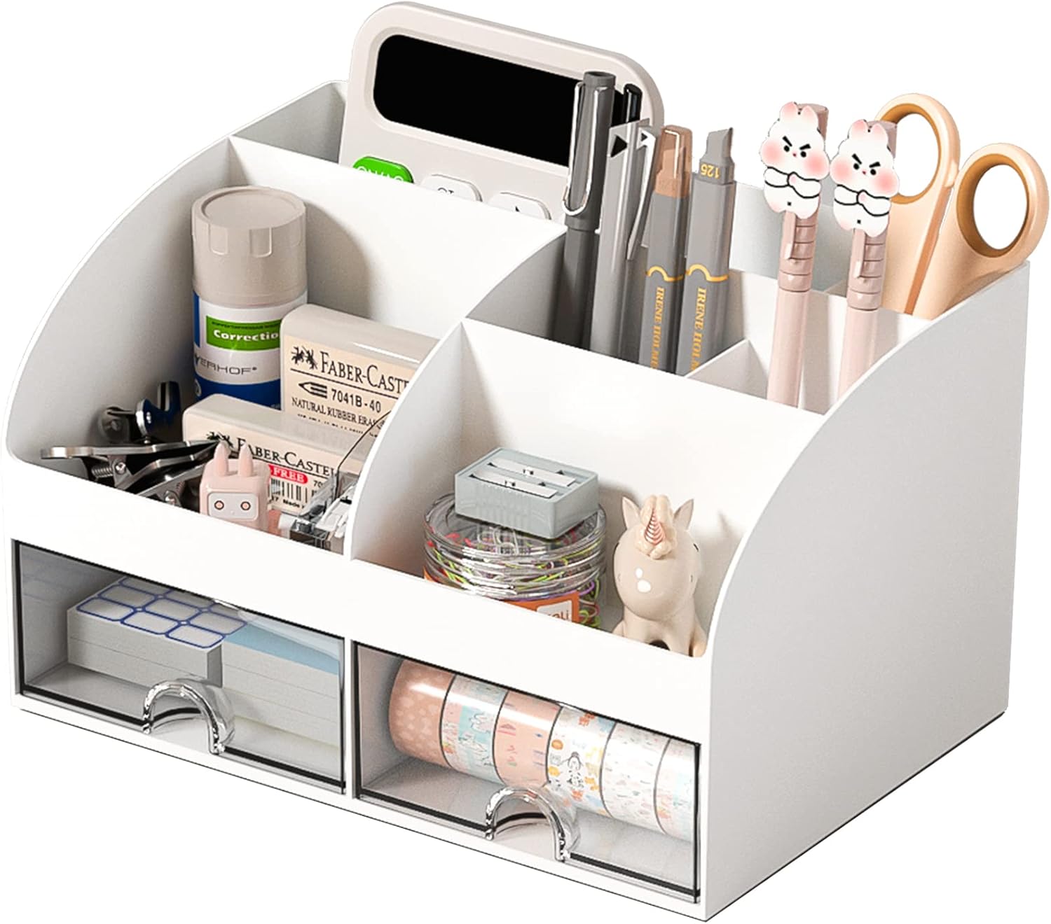 Desk Organizer with 6 Compartments and 2 Drawers, Plastic Makeup Organizer, Pen Holder for Desktop Storage, Desk