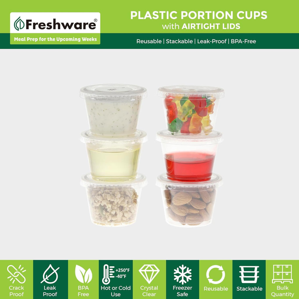 Plastic Portion Cups with Lids [1 Ounce, 200 Sets] Disposable Plastic Cups for Meal Prep, Salad Dressing, Jellos Shot
