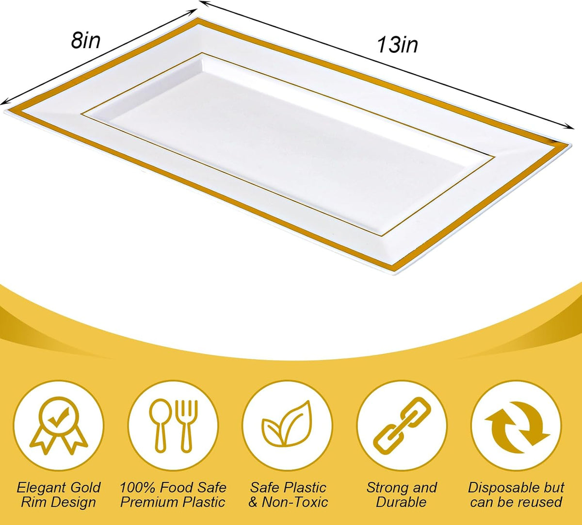 30 Pcs Disposable Plastic Serving Tray, White Gold Rim, 8 x 13 Inch