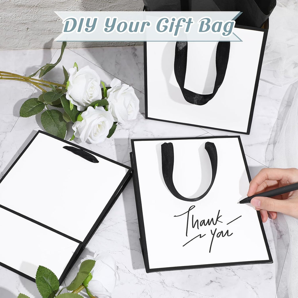 50 Pack Metallic Paper Gift Bag Bulk with Handle, White Black