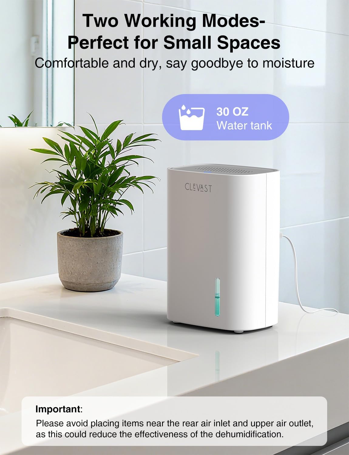 Small Dehumidifier for Bedroom, Bathroom, Quiet, Portable | 30 oz Water Tank, Sleep Mode