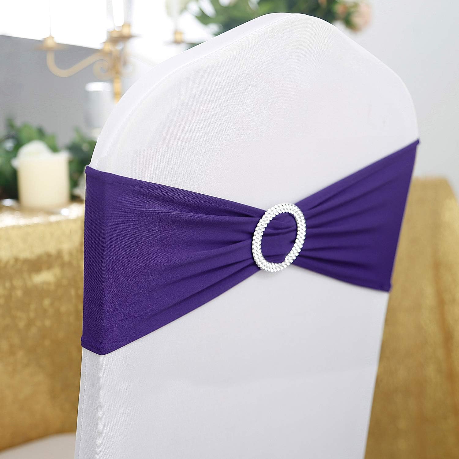 25pcs Purple Spandex Chair Sashes with Buckle Slider for Wedding, Party Decoration