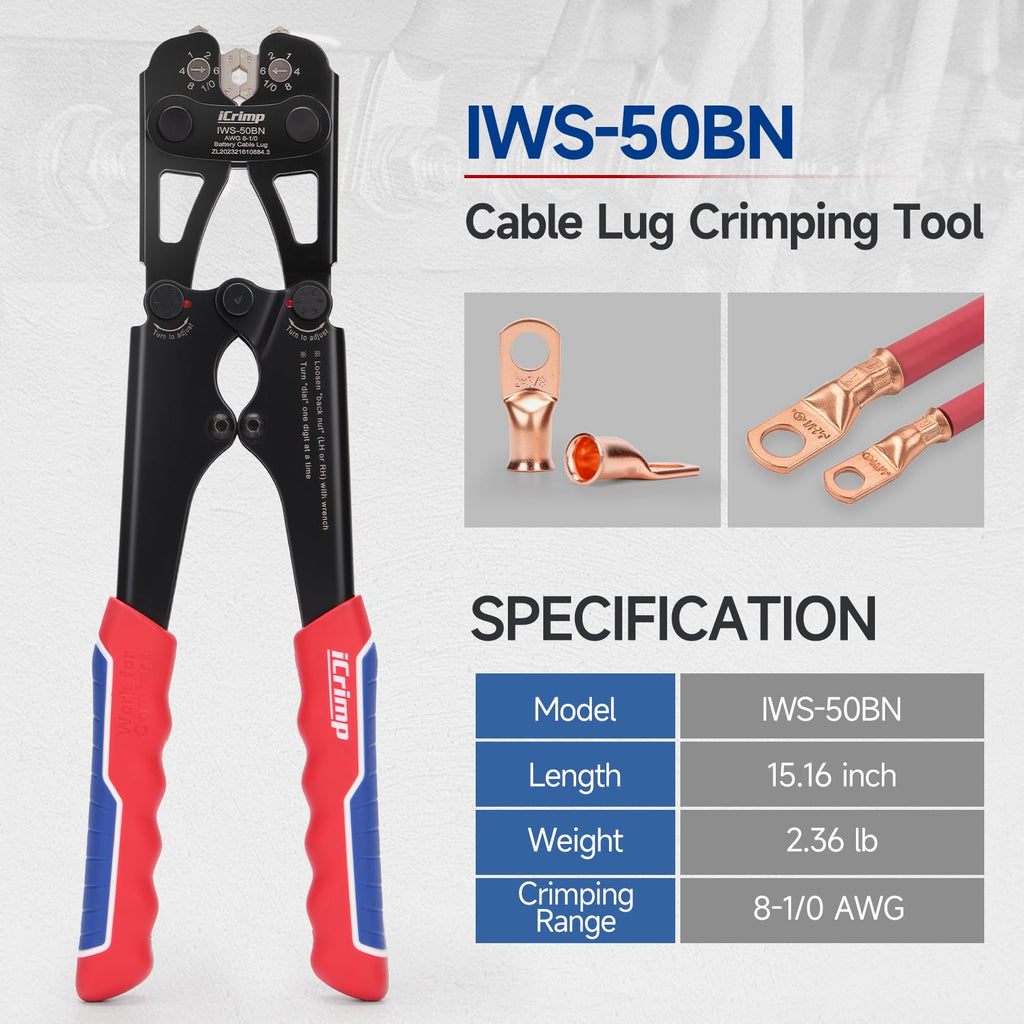 iCrimp Battery Cable Lug Crimping Tool with Wire Cutter and Stripper