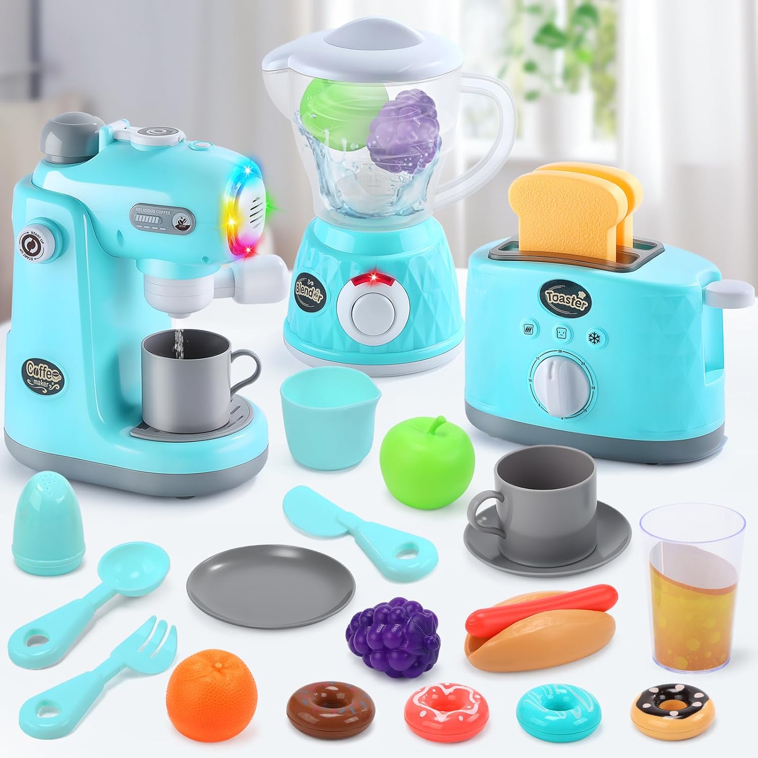Kids Kitchen Playset, Toy Kitchen Appliance Sets with Working Coffee Maker, Blender & Toaster, Realistic Sounds &