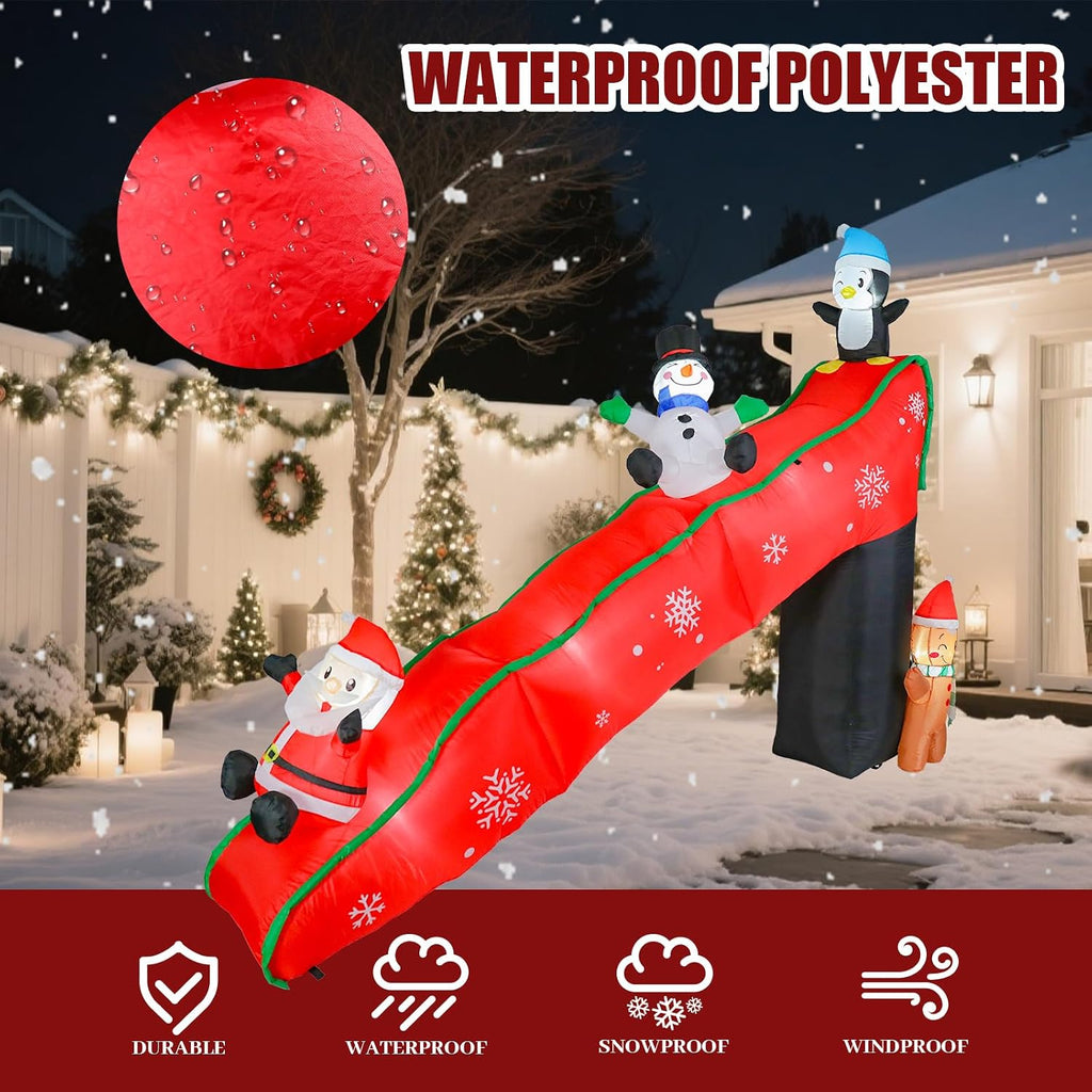 Christmas Inflatables Outdoor Decorations, 9.7FT Snowy Slide with Santa, Snowman, Penguin, Gingerbread Man, Animated