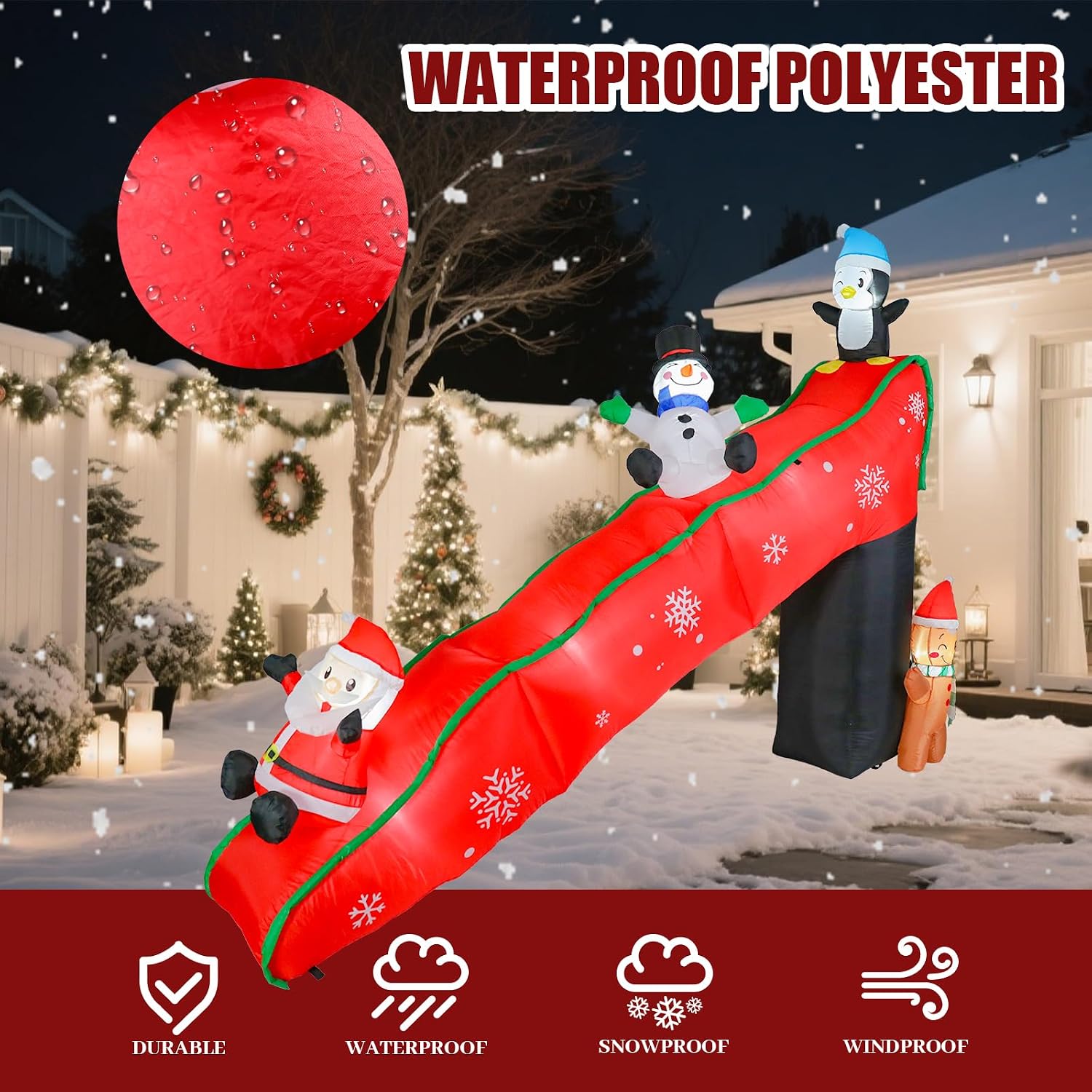 Christmas Inflatables Outdoor Decorations, 9.7FT Snowy Slide with Santa, Snowman, Penguin, Gingerbread Man, Animated