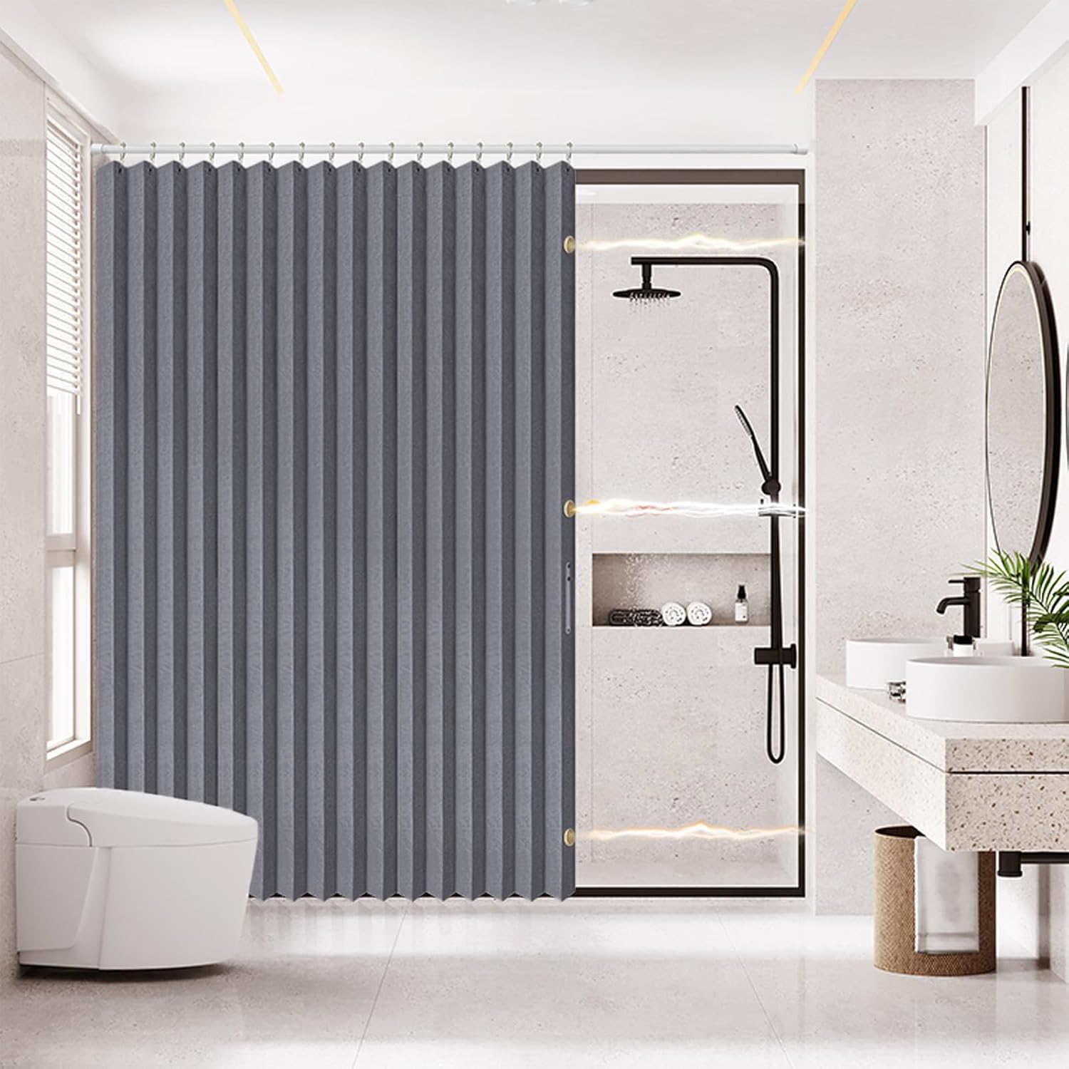 Magnetic Folding Shower Curtains Fabric Polyester Material Waterproof Shower Curtain Suitable for Family Hotel