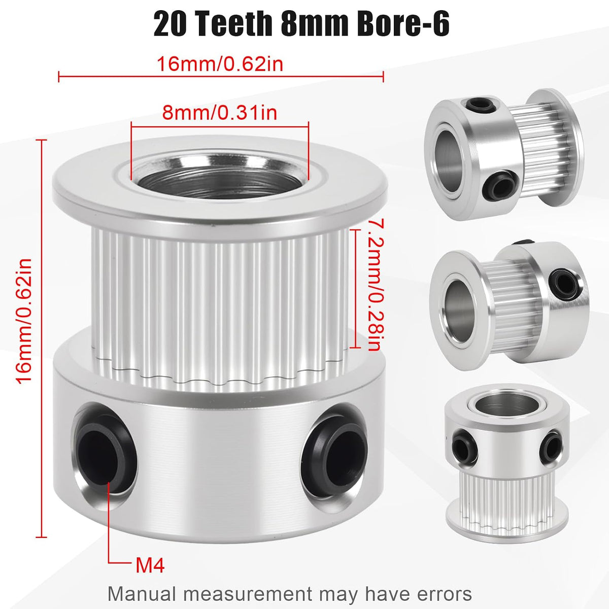 6 Pack GT2 Timing Belt Pulley 20 Teeth,8mm bore,synchronous Pulley (6, 20T-B8-6)