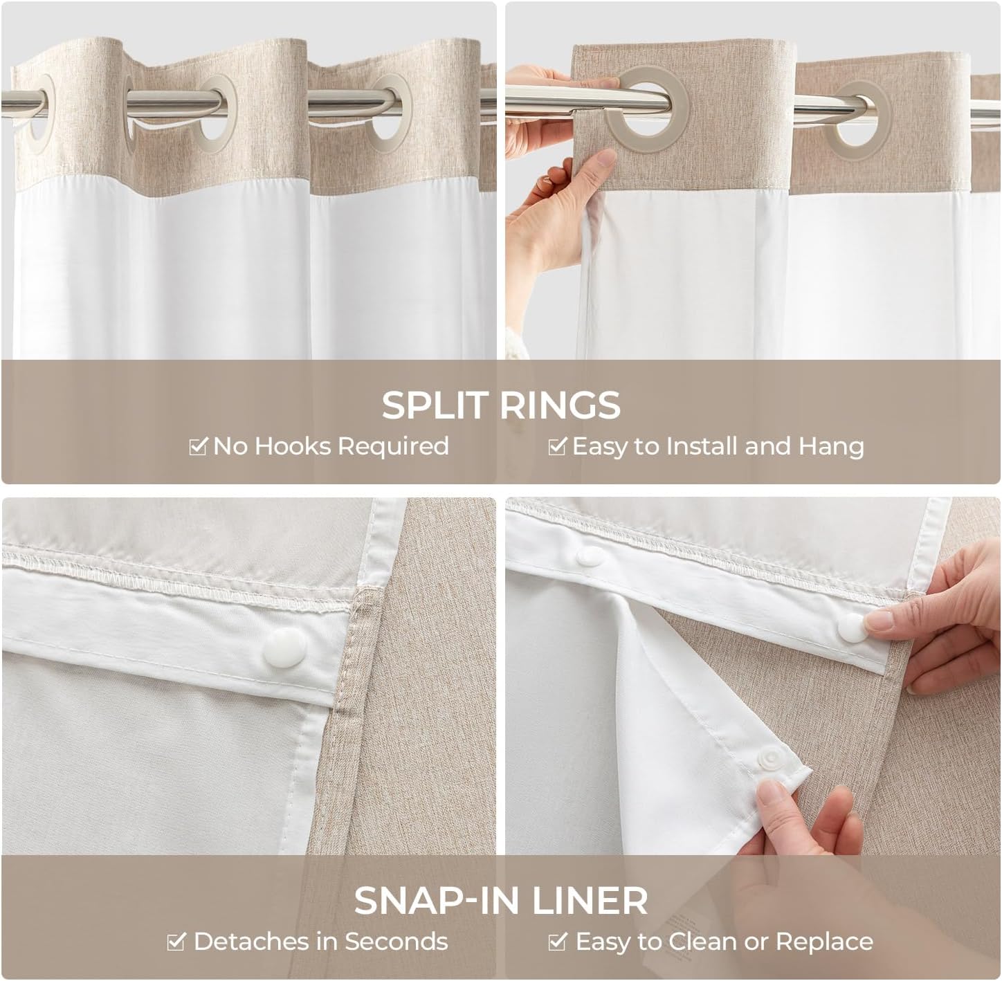 Linen Textured No Hooks Shower Curtain with Liner,Linen,71x74 | Mesh Top Window,with Snap-in Liner,Heavy Duty