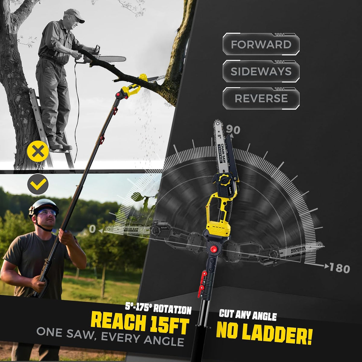 Brushless 2-IN-1 Cordless Pole Saw & Mini Chainsaw, 8 Inch Max Reach 16 Ft | 2× 21V 4.0Ah Battery, Multi-Angle