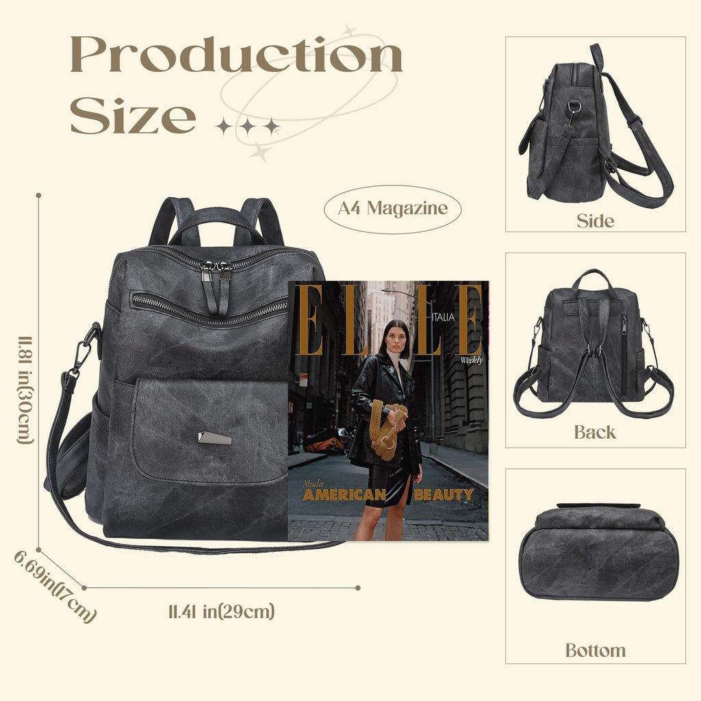 Backpack Purse for Women, PU Leather Ladies Backpack, Black