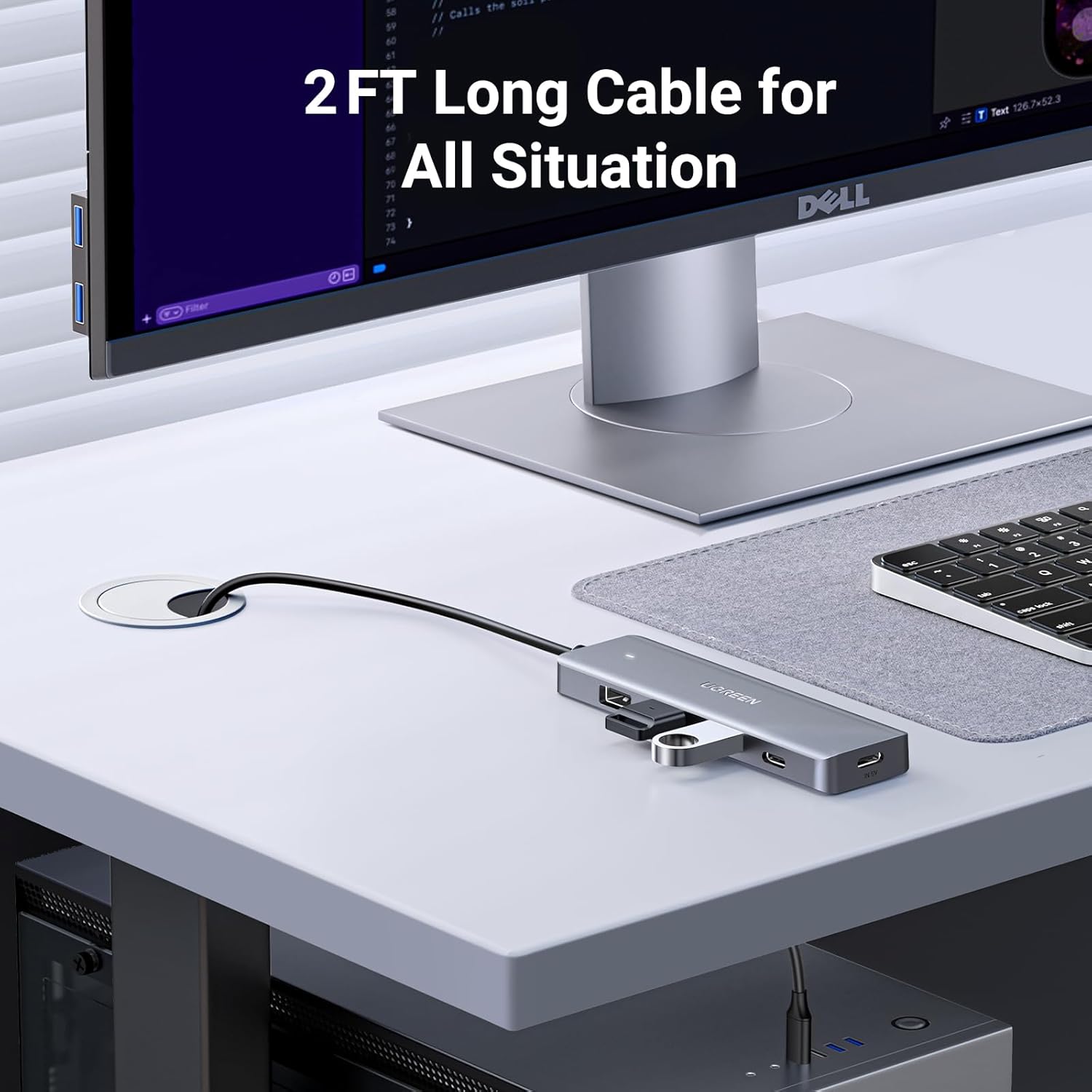 USB Hub 4 Ports, C & 3 A Multiport Adapter, 2ft Long Cable Powered 3.0 Hub With C Power Port for Laptop, Desktop