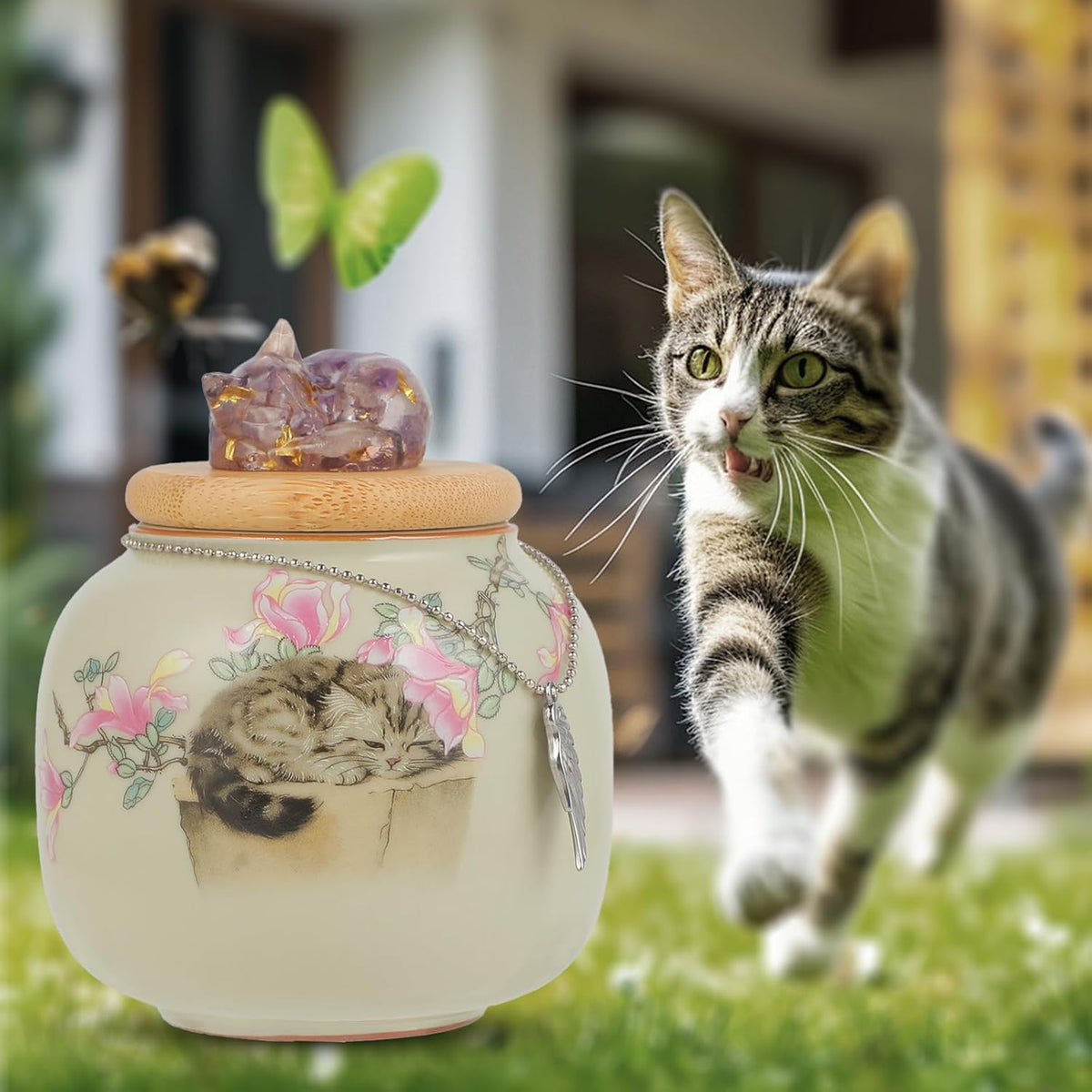 Cat Urn for Ashes Ceramic, Small Pet Urn with Crystal Cat Sculpture Trim