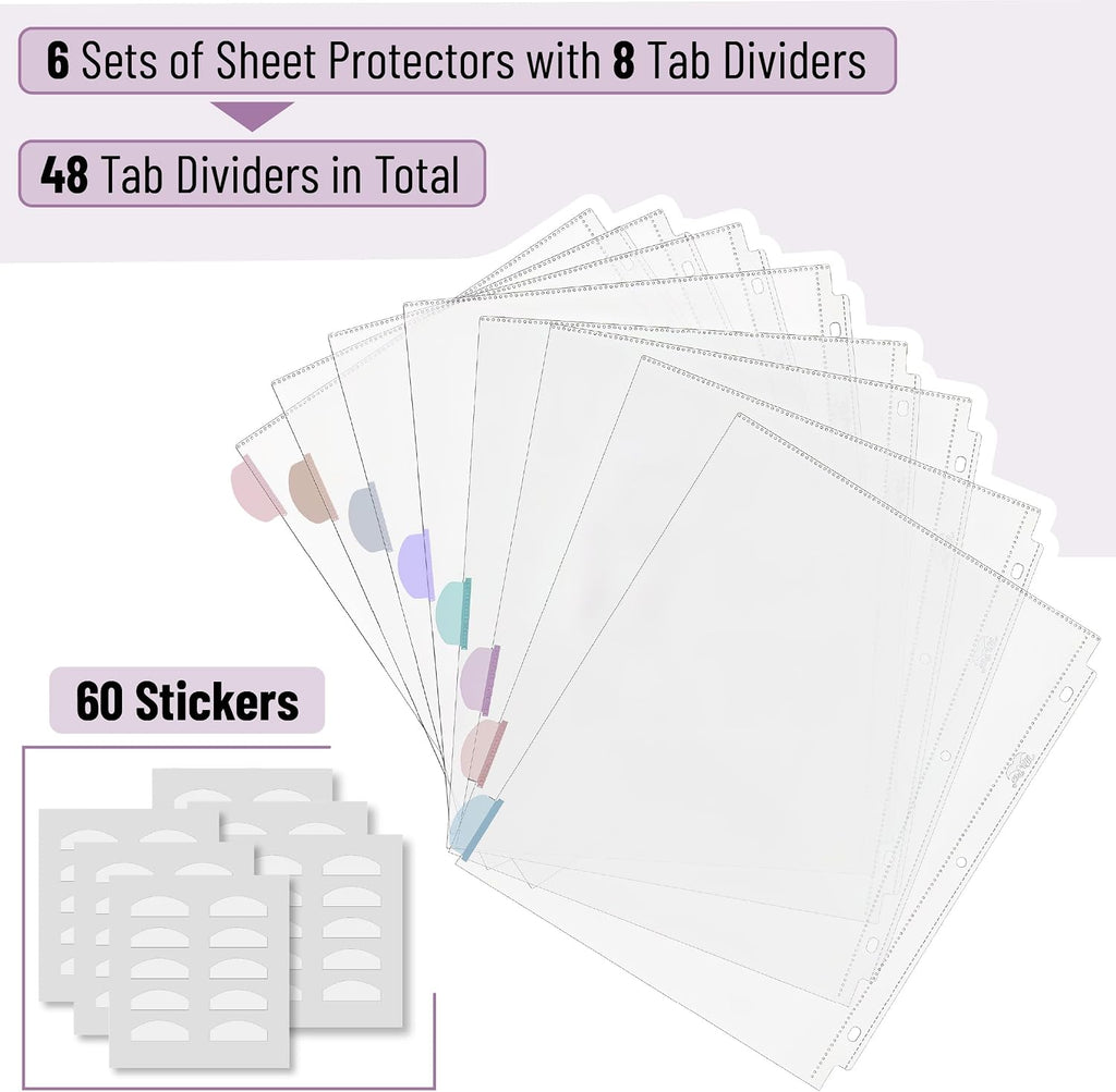 Clear Sheet Protectors with Tabs, 8.5x11 Inches, 8 Tabs, 6 Sets | Durable Clear Plastic Dividers for 3 Ring Binders