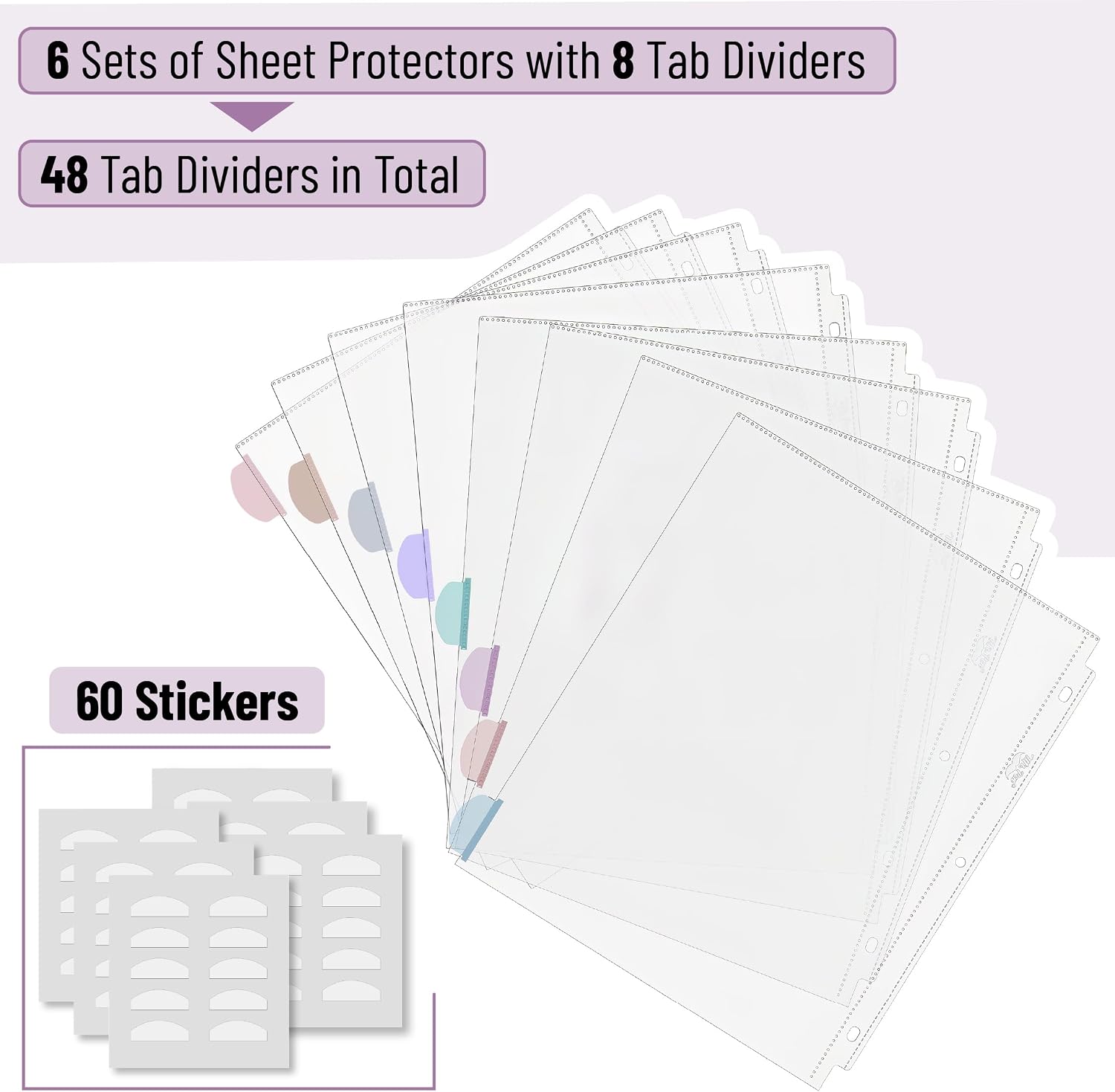 Clear Sheet Protectors with Tabs, 8.5x11 Inches, 8 Tabs, 6 Sets | Durable Clear Plastic Dividers for 3 Ring Binders
