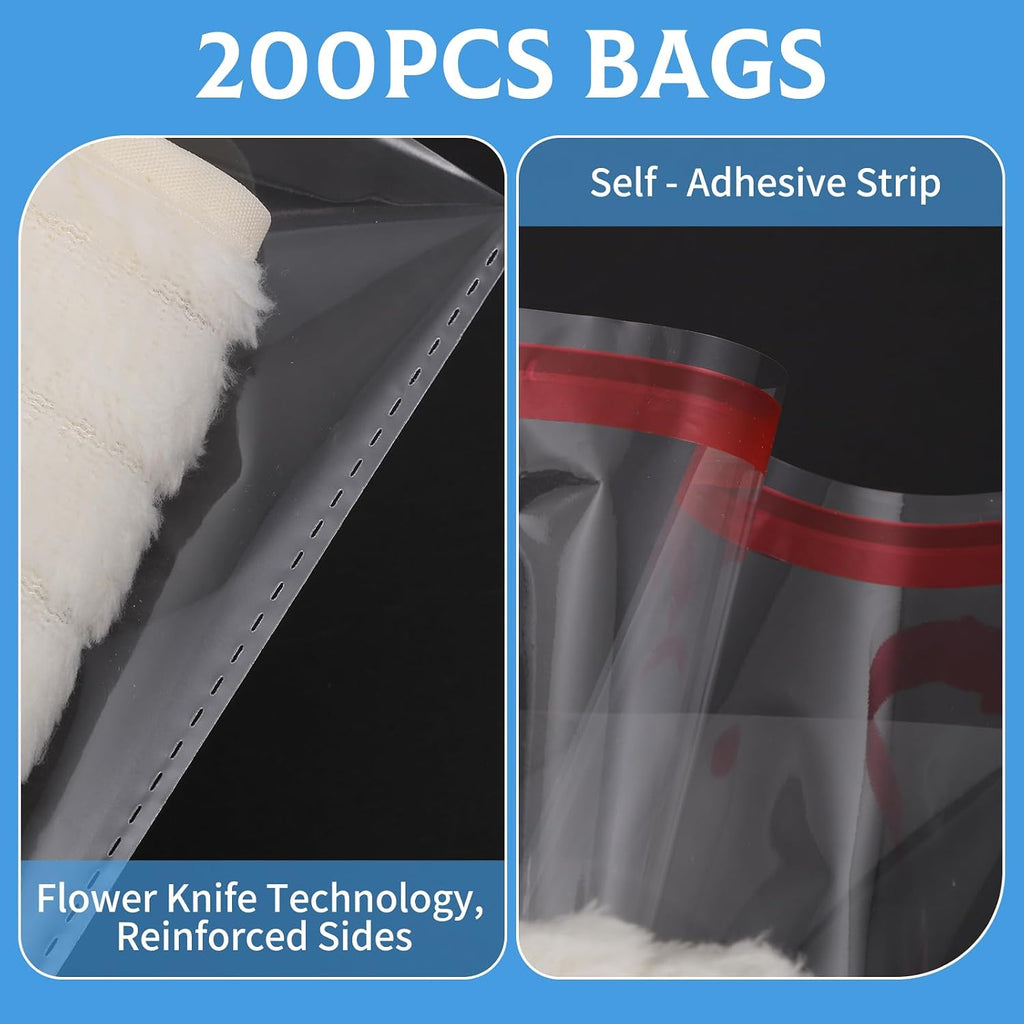 200 Set 10"x13" T-Shirt Packaging Bags with Cardboard Inserts and Clothing Size Stickers, Thick Clear Plastic