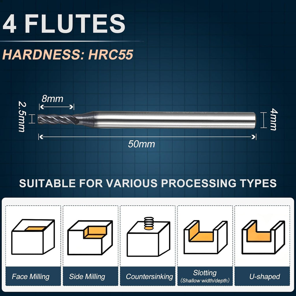 2.5mm Carbide End Mill, 8mm Cut L, 50mm L, 4mm Shank, Black