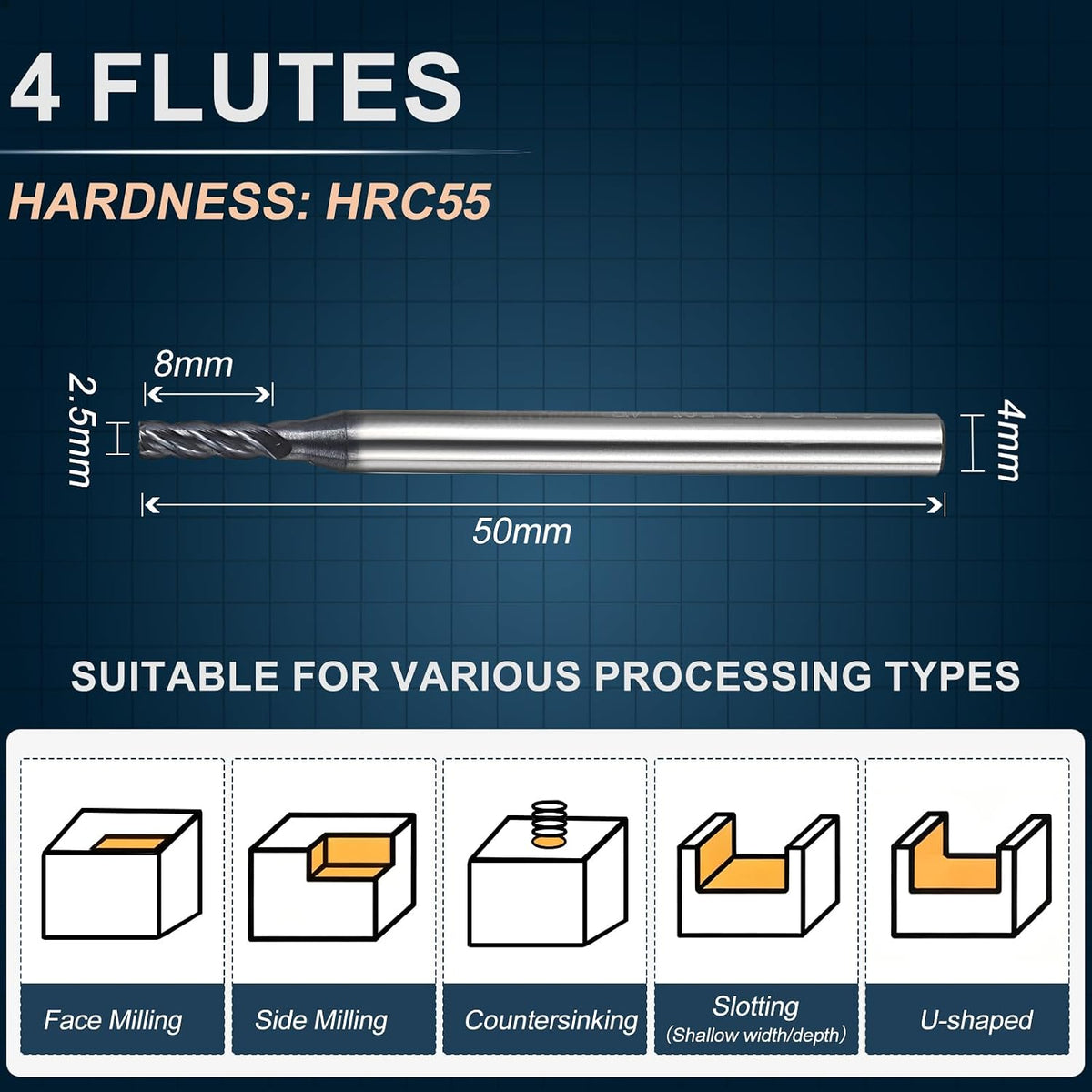 2.5mm Carbide End Mill, 8mm Cut L, 50mm L, 4mm Shank, Black