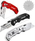 3-Pack Folding Utility Knife, Heavy-Duty Aluminum Box Cutter with Quick-Change Blades & Lock-Back Safety Design