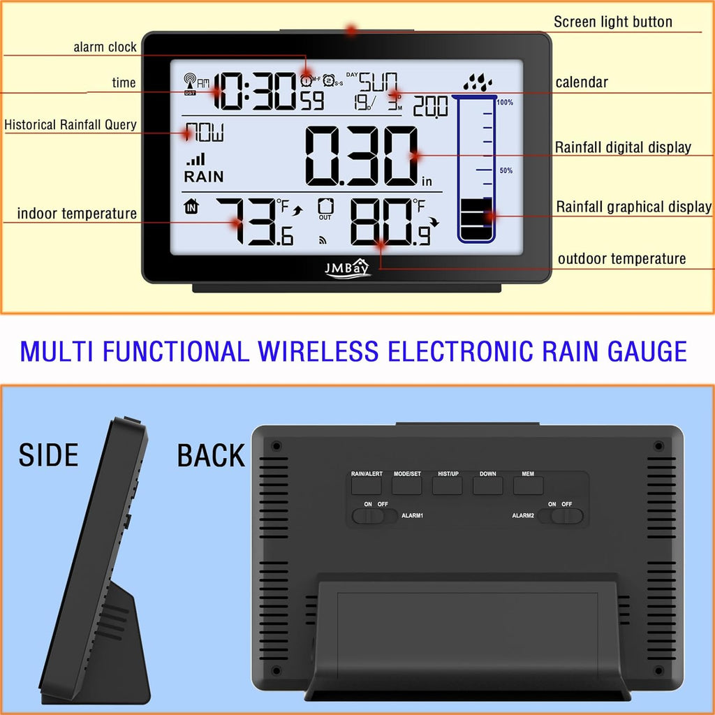 Digital Rain Gauge Outdoor with Thermometer, Self-Emptying Wireless Rain Gauges Outdoors Best Rated, High Precision