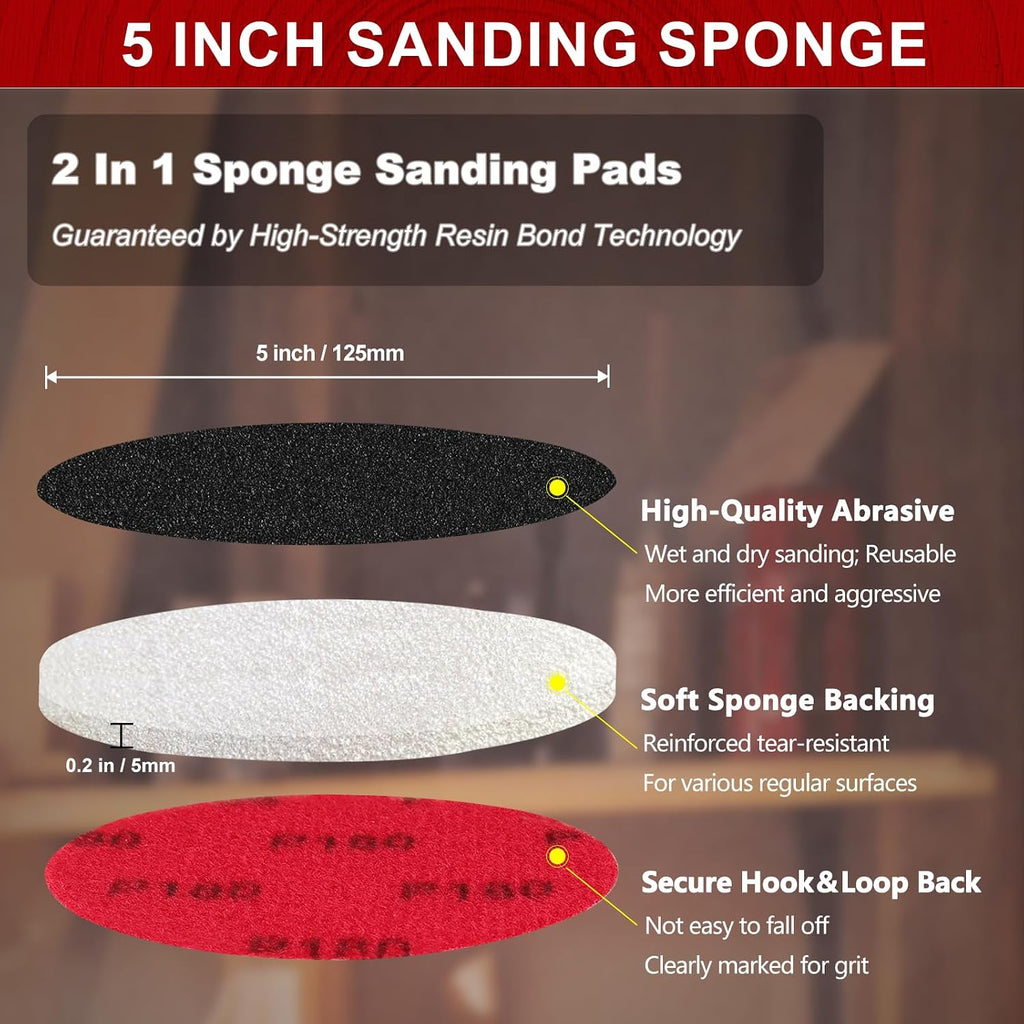 Shinboc 18 PCS 5 Inch Sanding Sponge Assortment, Bowling Ball Sanding Pads | 180-3000 Grit, Hook and Loop Sandpaper