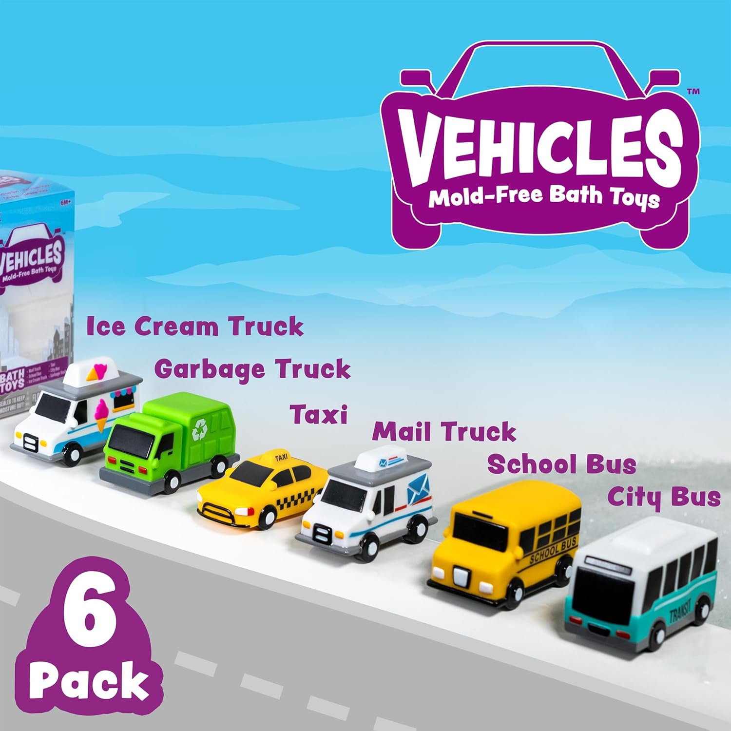 Vehicles Bath Cars Mold Free Bath Toys, 6 Pack | Sealed, No Hole Bath Toys Design Keeps Moisture Out | Soft