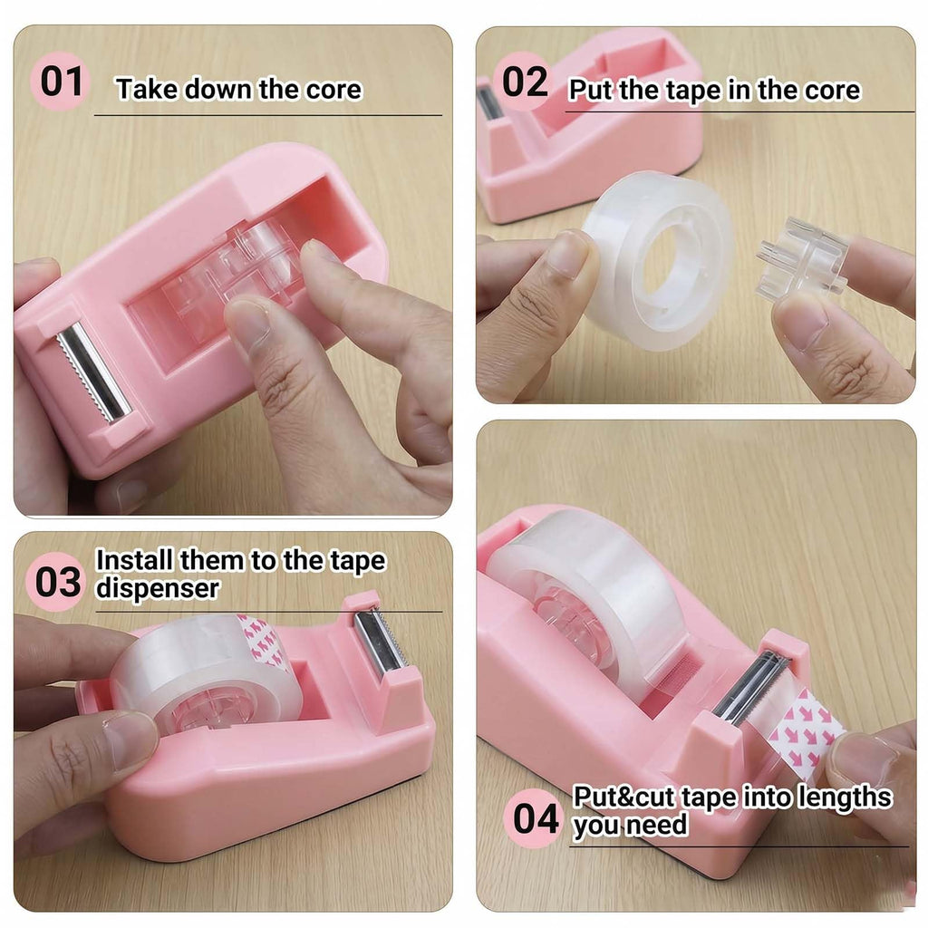 Compact Desk Tape Dispenser, Cute & Stylish Office Accessories - Pink