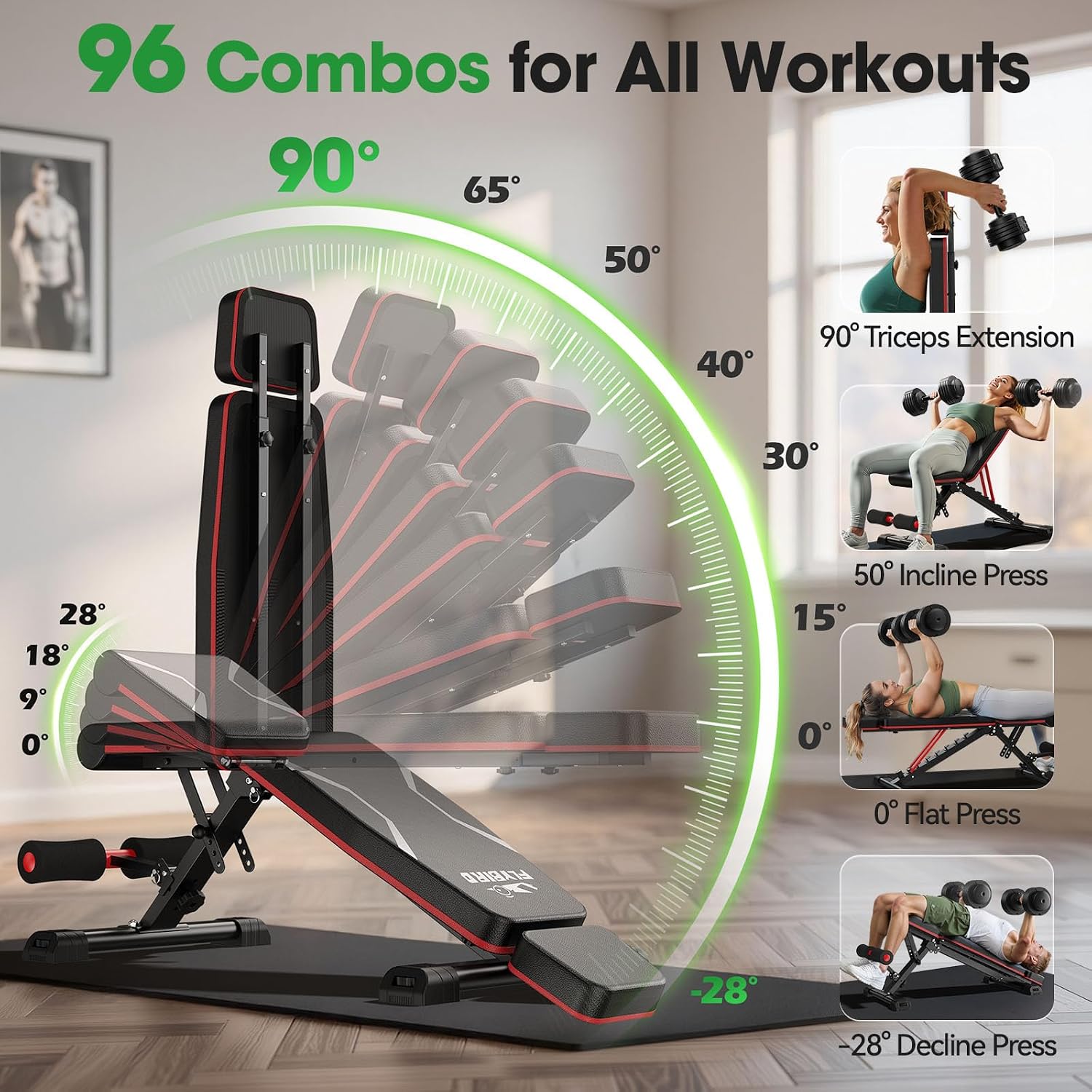 WB3 Weight Bench up to 6'5", 750LBS Capacity Adjustable Weight Bench for Workout, 27LBS Sturdy Foldable Bench Press