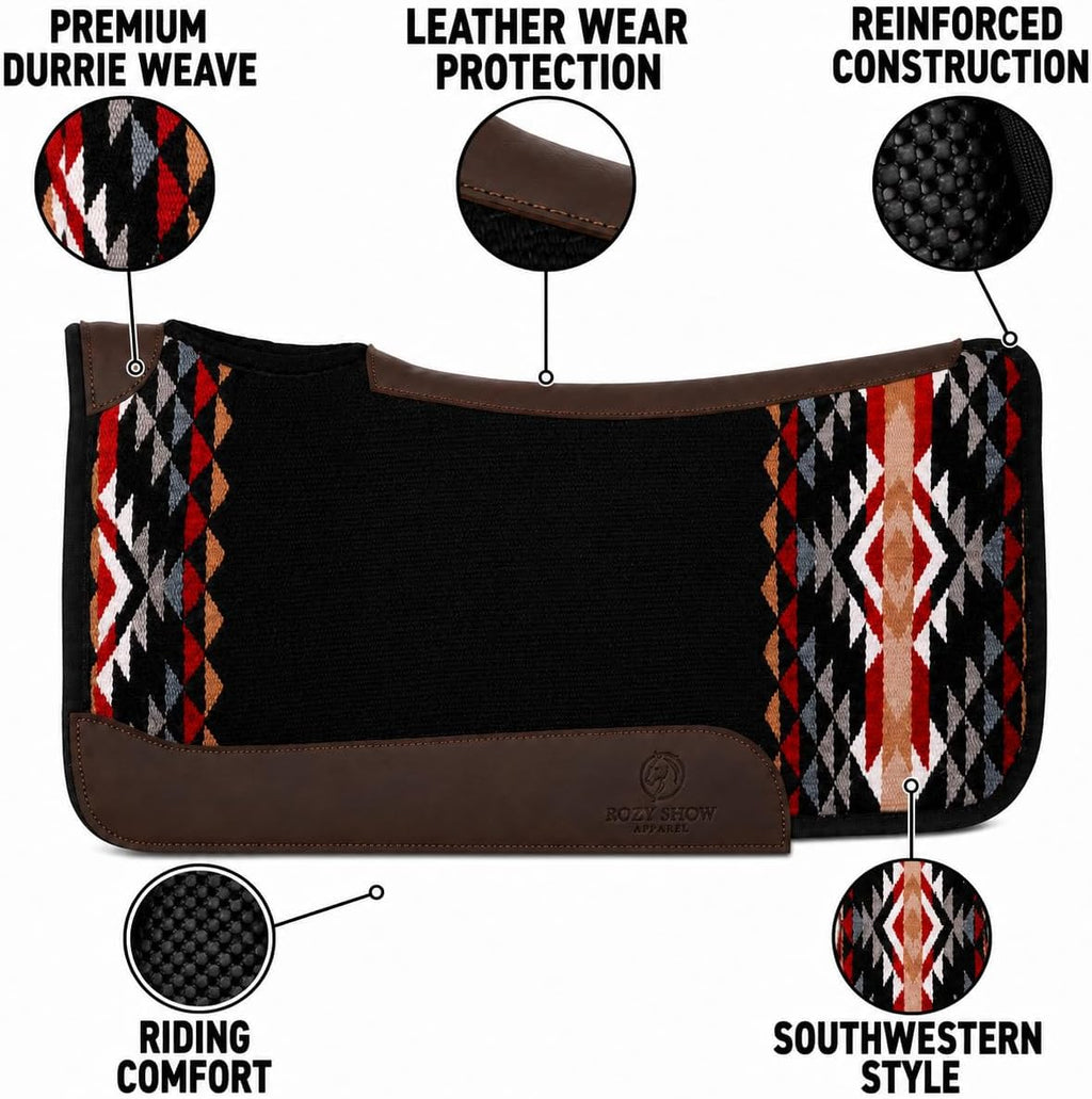 Premium Western Durrie Saddle Pad Black Southwestern Diamond Horse Saddle Blanket with Brown Leather Wear Panels |