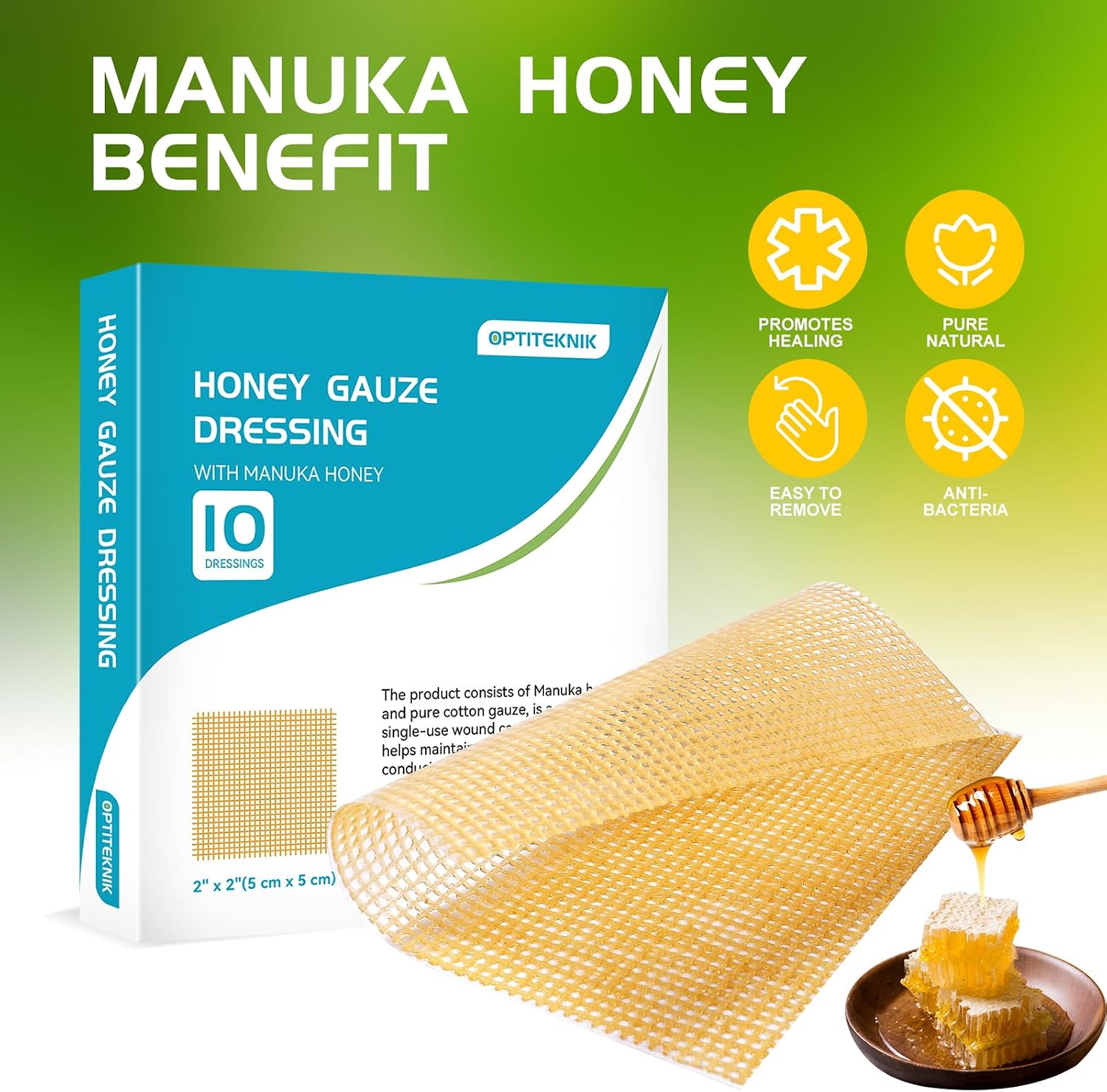 Manuka Honey Gauze Dressing 2"x2" Pack of 10, Manuka Honey Wound Care Bandage for Cuts, Scalds and Burns, Wound