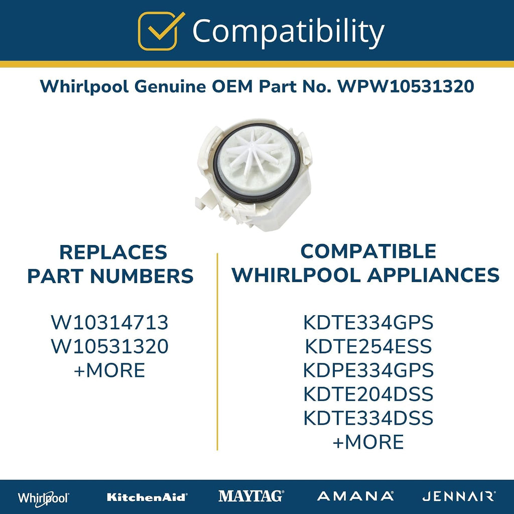 WPW10531320 Genuine OEM Dishwasher Drain Pump for Whirlpool, Kenmore, KitchenAid, Maytag - Replaces W10314713