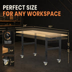 60" Rolling Workbench with Power Outlet, Solid Wood Heavy-Duty Work Bench