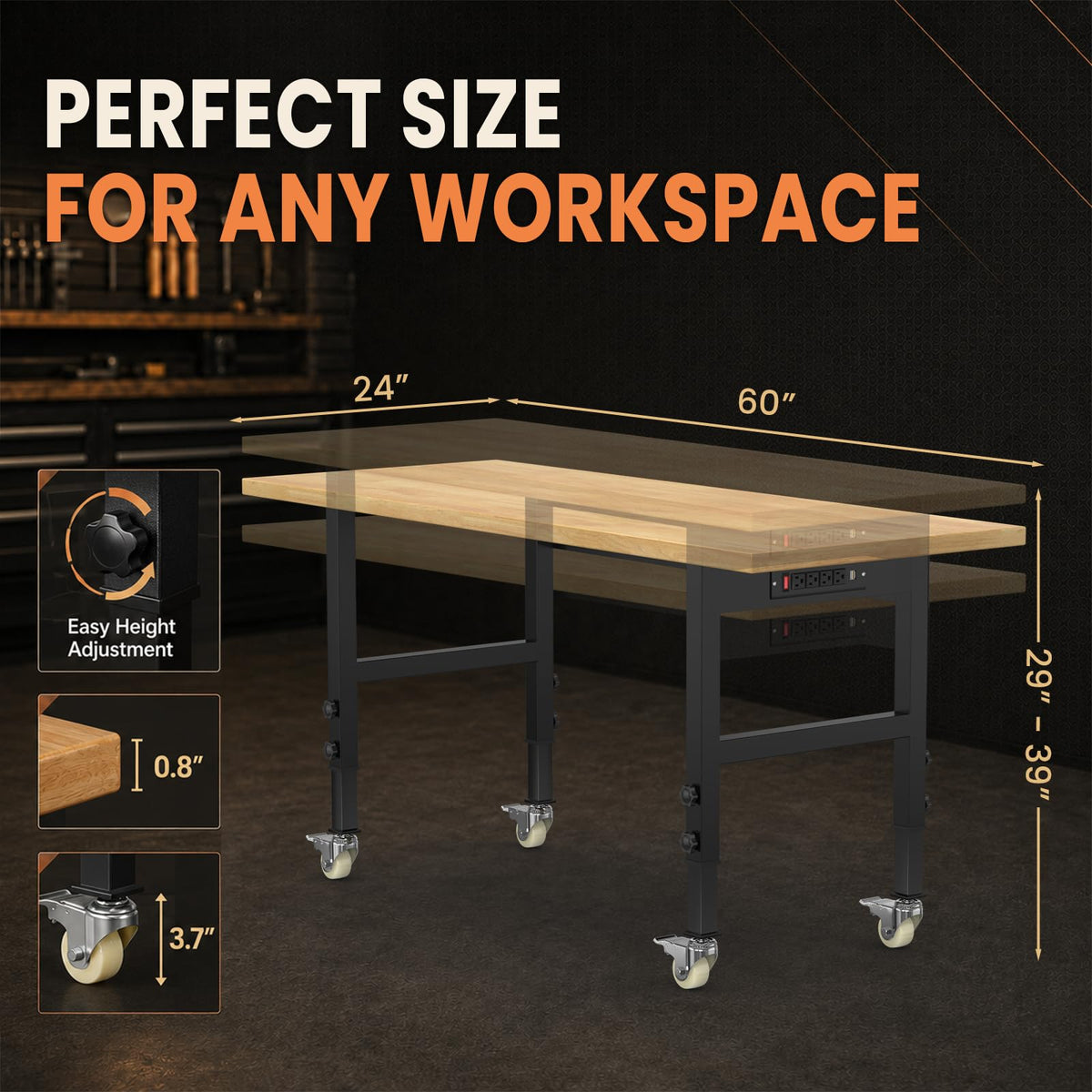 60" Rolling Workbench with Power Outlet, Solid Wood Heavy-Duty Work Bench