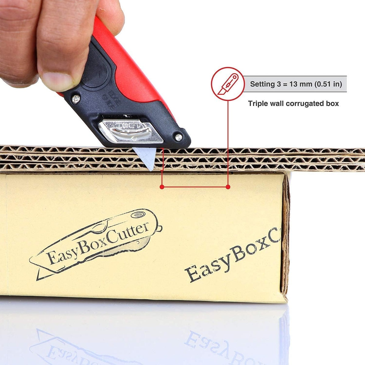 Modern Box Cutter, Extra Tape Cutter at Back, Dual Side Edge Guide, 3 Blade Depth Setting, 2 Blades and Holster