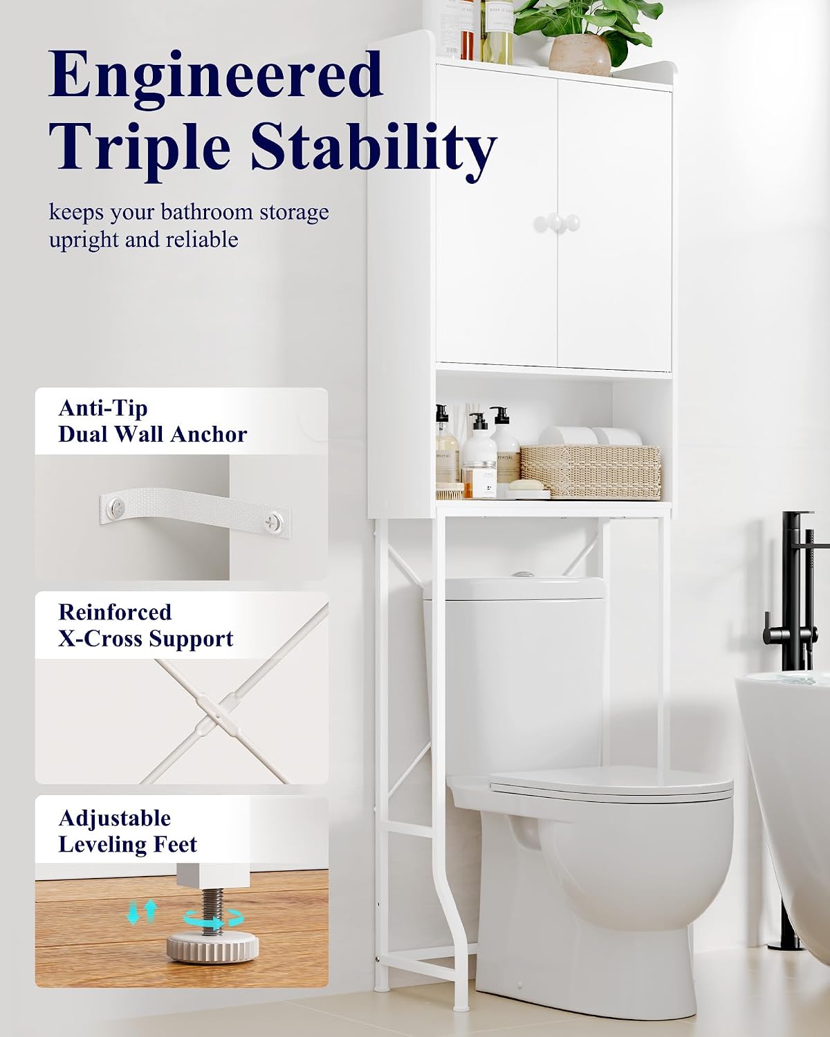 68.1"H Over Toilet Storage Cabinet, Magnetic Door, Adjustable Shelf | Bathroom, Laundry Room, Small Spaces, Families