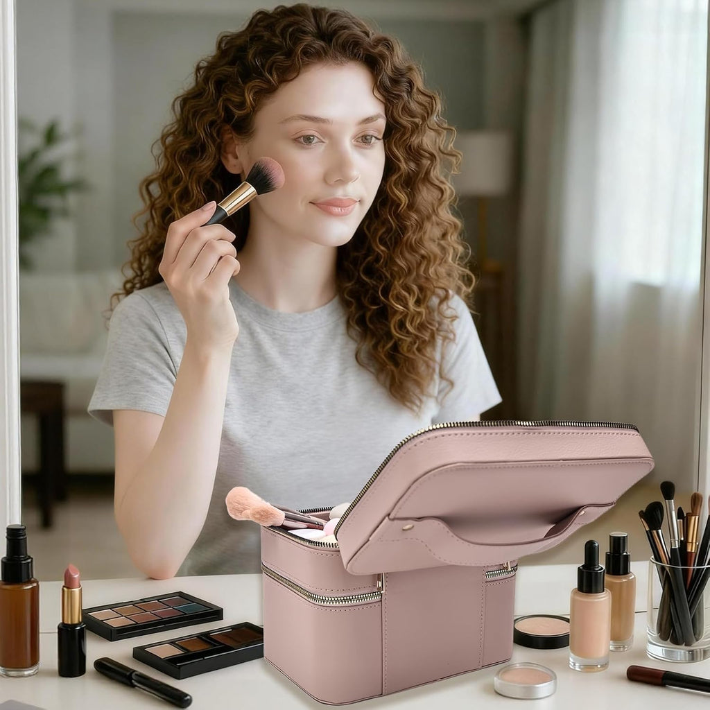 Hard Makeup Case Travel Double Layer with Mirror PU Leather for Women | Organized Storage Boxes, Sturdy & Protective