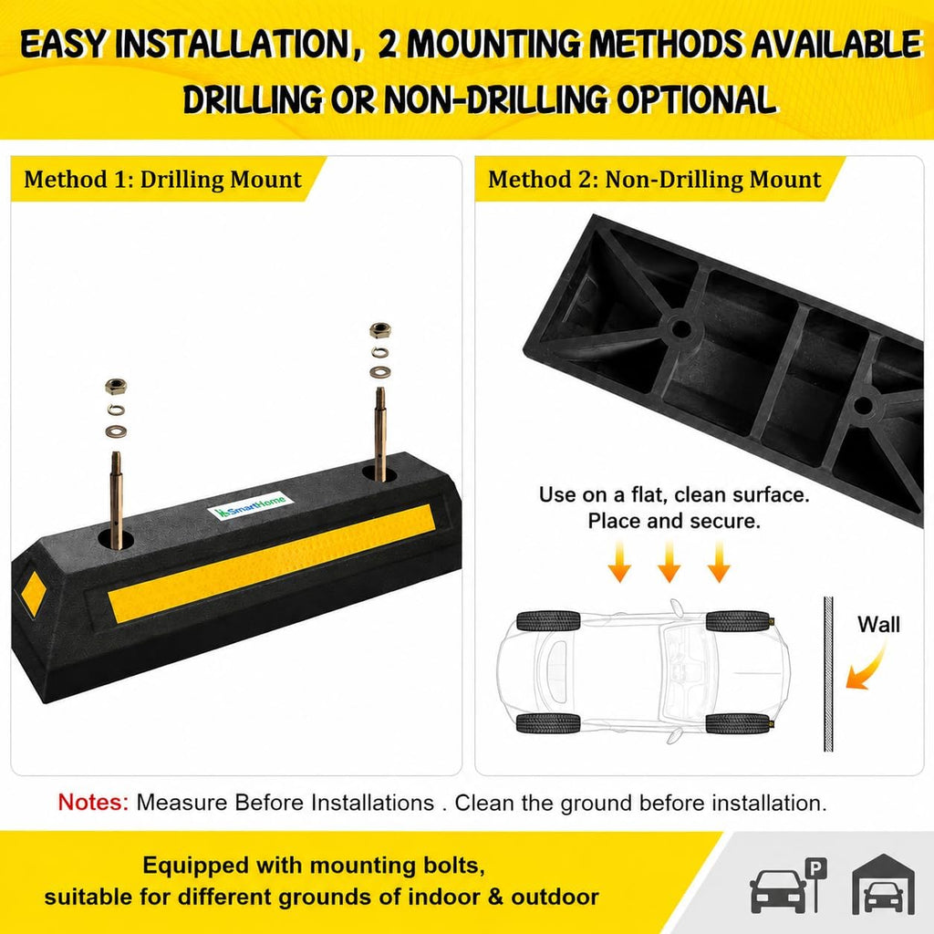 Car Stoppers for Garage, 2 Pack Heavy Duty Rubber Parking Stopper with Expansion Bolts, Reflective Garage Wheel Stop