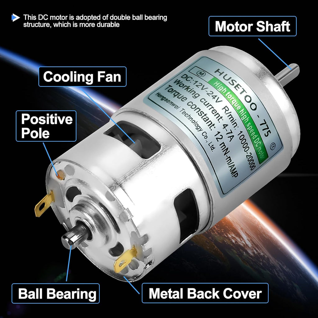 775 High Torque DC Motor, 12V/24V, 10K/20K RPM, D Shaft, 1-Pack