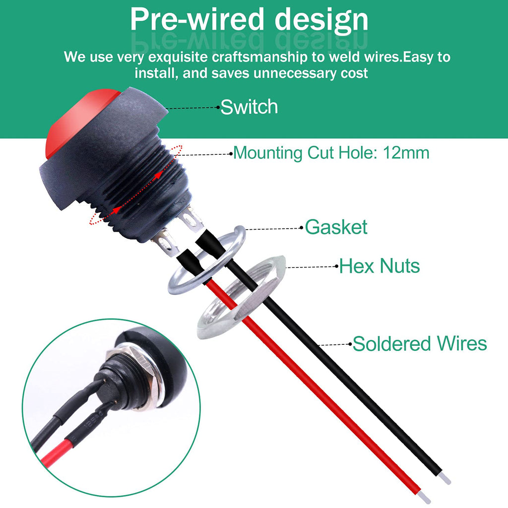 Twidec/10Pcs 12mm Momentary Push Button Switch 1/2" Mounting Hole On Off Mini Round Waterproof 5 Color with Pre-soldered Wires PBS-33B-5C-X-2