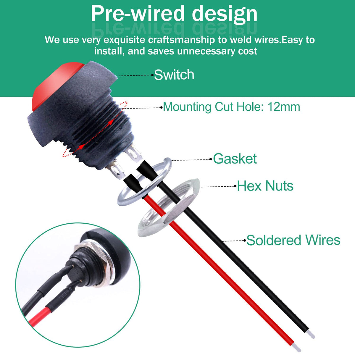 Twidec/10Pcs 12mm Momentary Push Button Switch 1/2" Mounting Hole On Off Mini Round Waterproof 5 Color with Pre-soldered Wires PBS-33B-5C-X-2