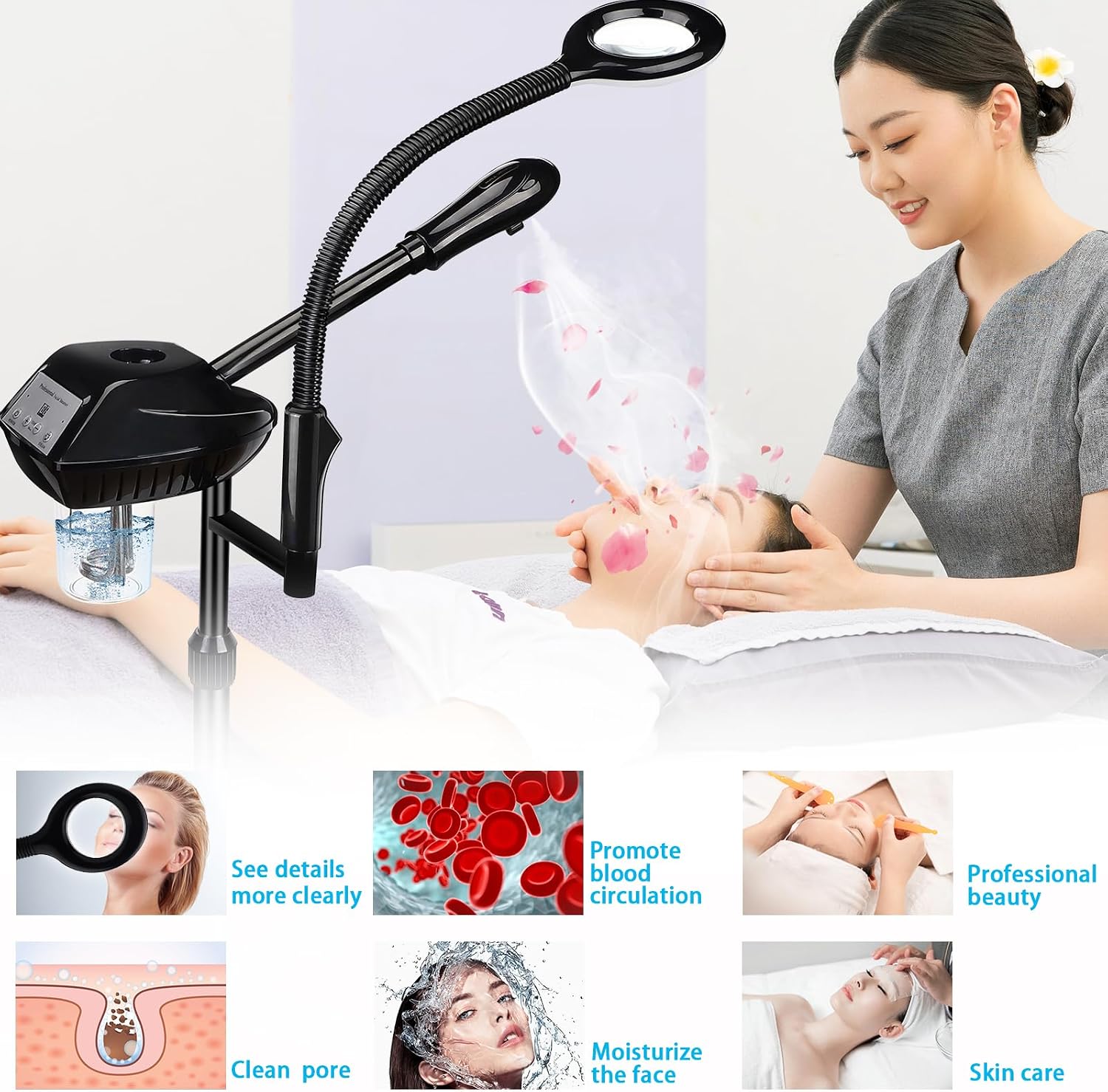 Professional Facial Steamer with 5X Magnifying Lamp, More Steam | Deep Cleansing and Hydration, Ozone Face Steamer on