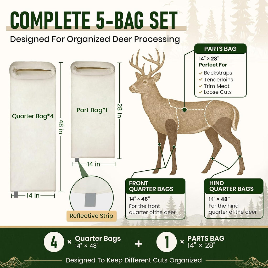 Game Bags Elk Hunting Meat Bags, 48inch/60inch 5-Pack Rolled Heavy Duty Quarter Bags, Reusable & Breathable Meat Game