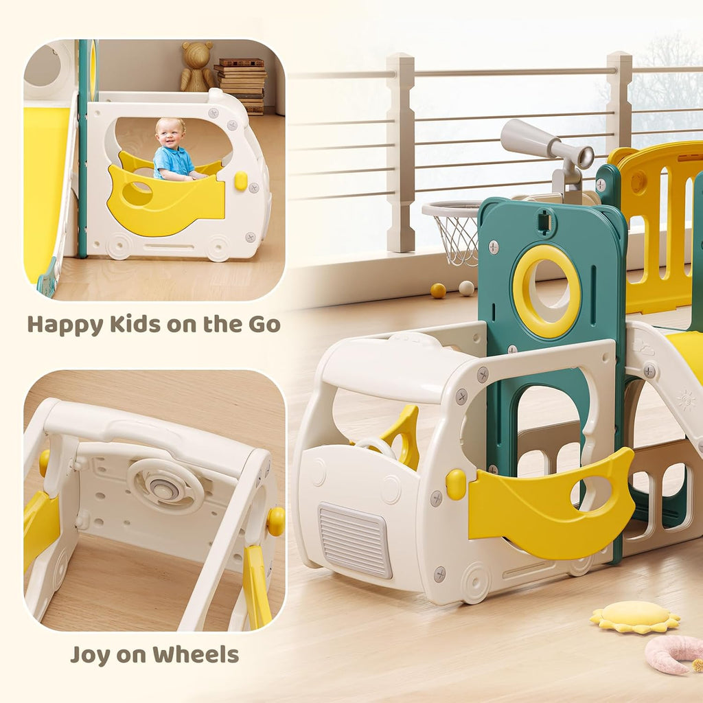 Toddler Slide Kids Slide Playset for Babies Bus Themed Toddler Playground with Climber Baskteball Hoop Indoor