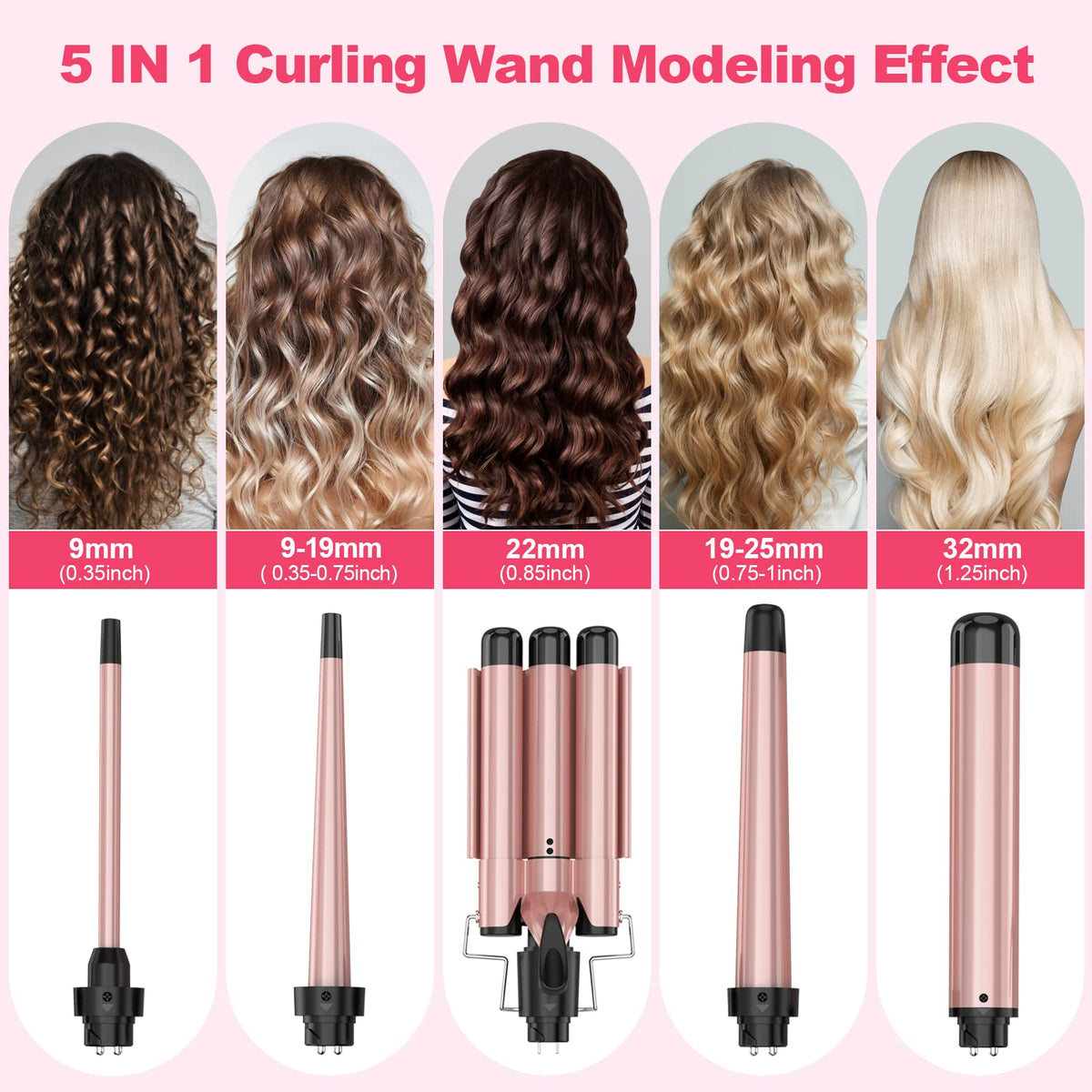 Curling Wand Set, Curling Iron Interchangeable 3 Barrel Wand Curler
