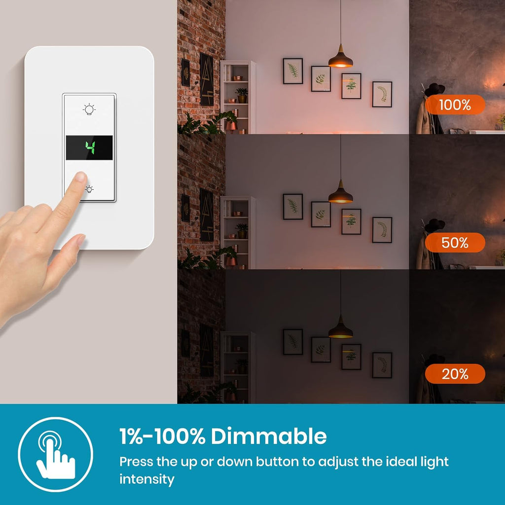 Smart Dimmer Switch 3Gang Digital Display Single-Pole 3Way Dimmer Smart Switch， 2024 New Model，Works with Siri, Alexa