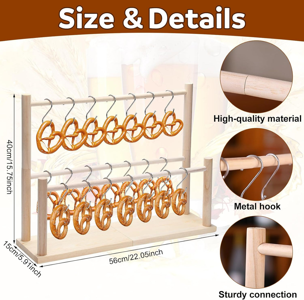 Wooden Pretzel Holder Stand with 21 Hooks for Oktoberfest