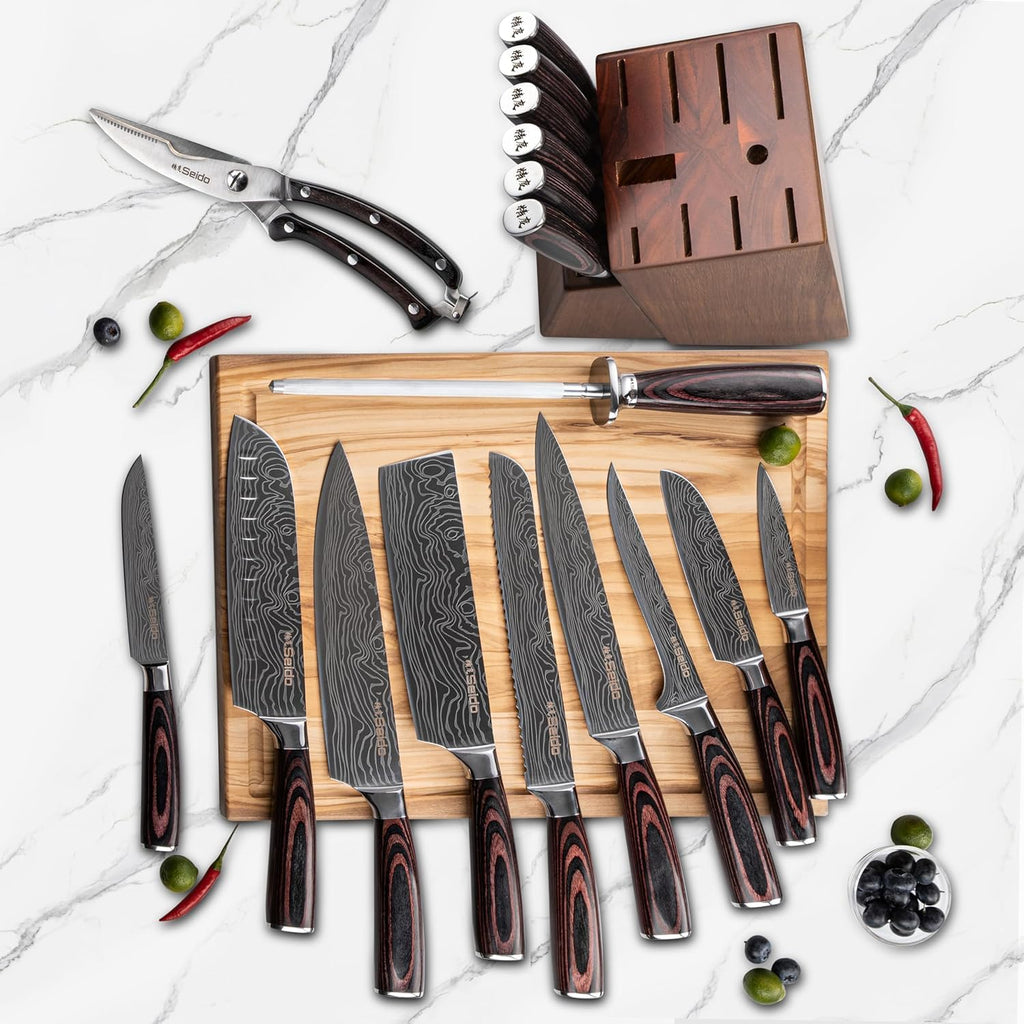 Seido Master 17-Piece Damascus Knife Block Set, Acacia Wood Block